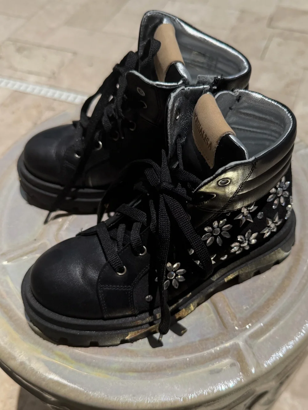 MonnaLisa Black and Silver Metallic Lace-Up Boots Euro size 30